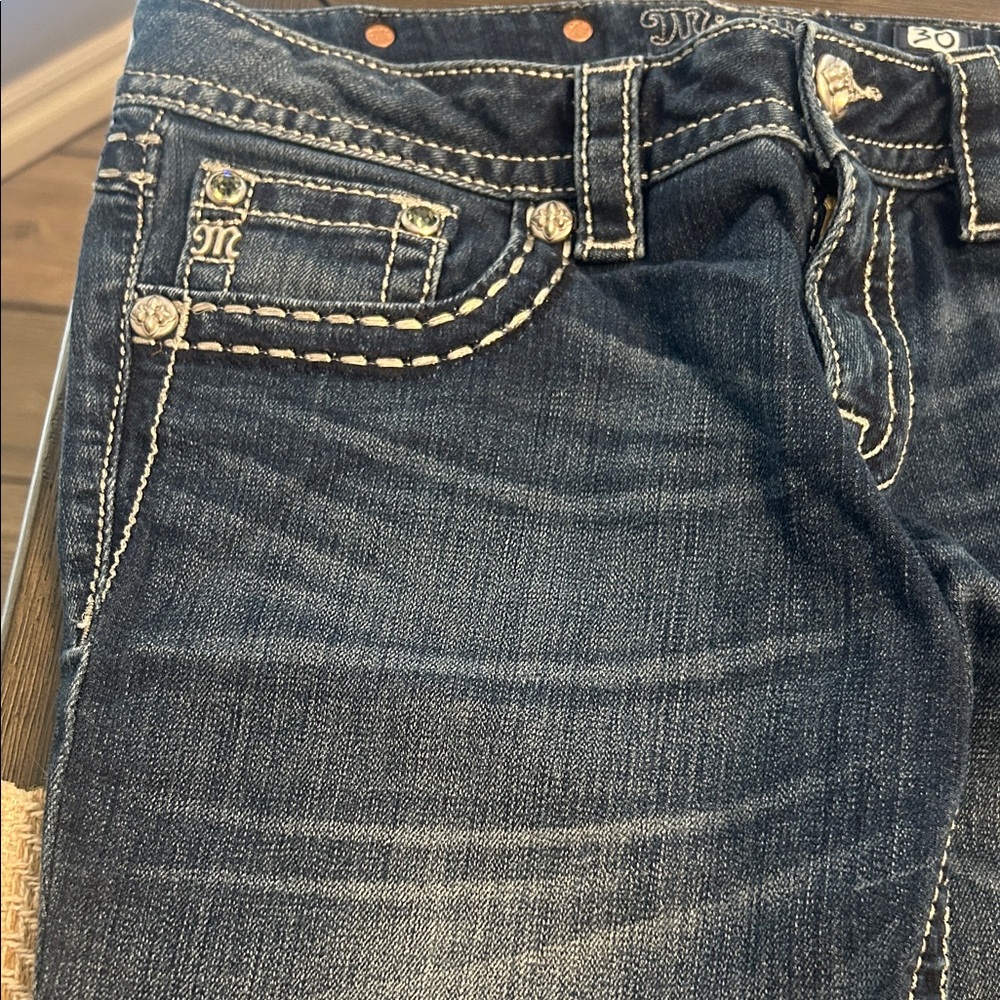 MISS ME⚜️Skinny JEANS Dark Blue Fleur-de-Lis & Crosses Size 30 JP5579S2 - Picture 8 of 14